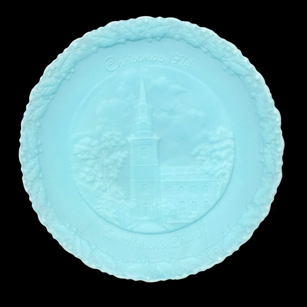 Fenton Christmas 1974 Plate Blue Satin Glass Christ Church Philadelphia No 5 8